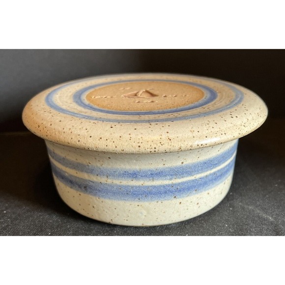Blue stripe stoneware crock with lid with sail boat  6” X 2.5” - Picture 3 of 11